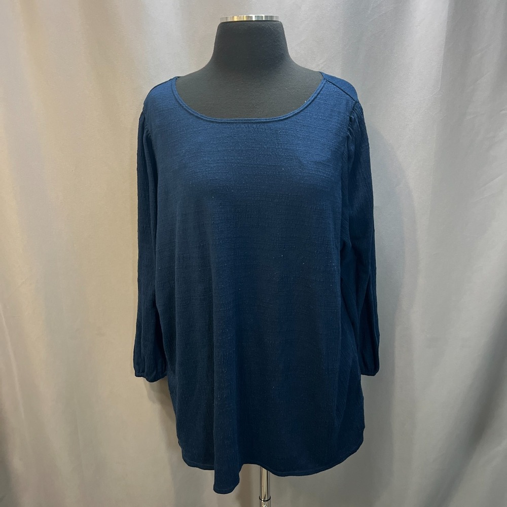 Max Studio London Blouse Top Womens 2X Navy Blue Stretch Puff Sleeves Boat Neck